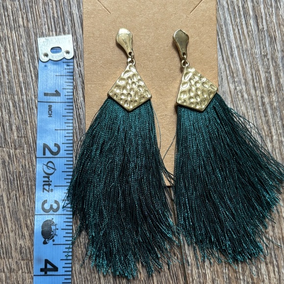 Fun Gold and Teal Green Tassel Earrings - Picture 3 of 5